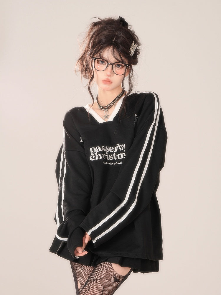 Lettering Top Long Sleeve Black V-Neck - Accents Striped Preppy