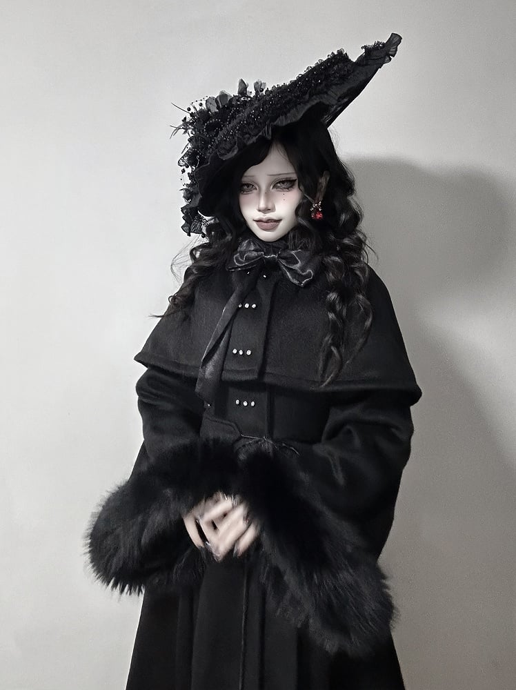 Gothic High and Cape Collar Black Lolita Woolen Furry with Detachable Coat Cuffs Winter