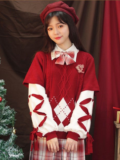 Red White Sleeves Christmas Sweater and Lace-Up Pullover Pattern with Diamond Hem