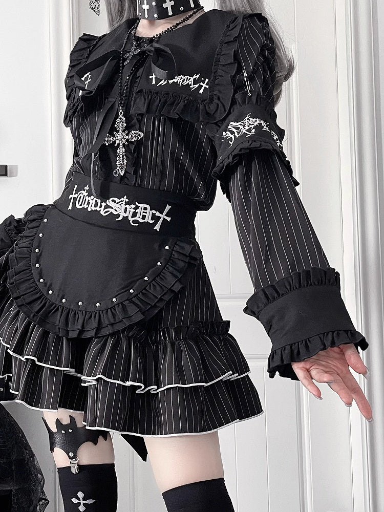 Ruffle Gothic Tie Front Topwith Long LacingBow Back Metal Black Eyelet Sleeve Trimmed