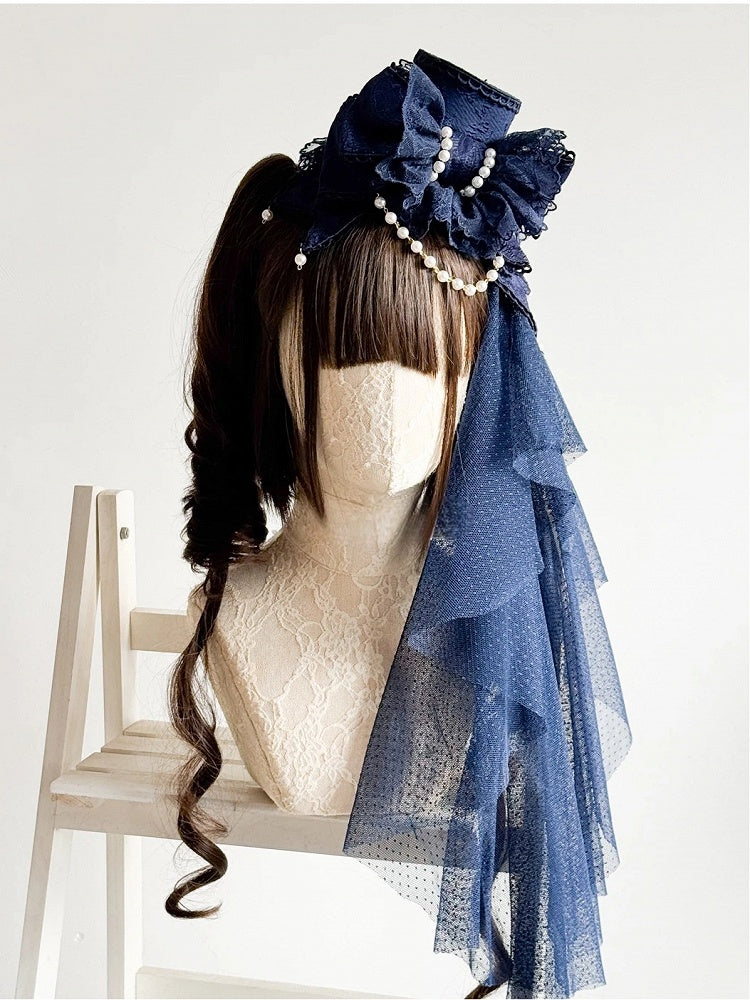 Hat Pearl with Mini Head Lolita Navy Veil (Lace Blue Accents)