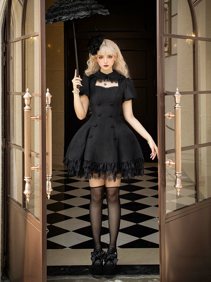 Black Cutout Neckline Short Puff Sleeves Lace Hemline Gothic Lolita Dress