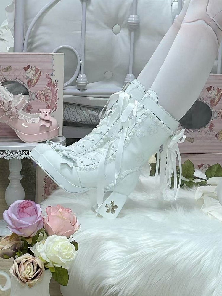 Sweet Heel Accents Sakura White Design Mid-calf Cut-out Lolita with Bow Boots