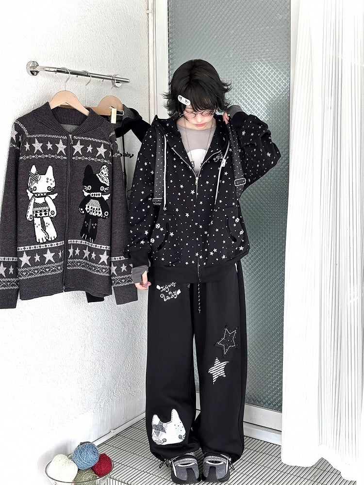 Waistband Elastic Pants Appliques Black with Kawaii Star Daily