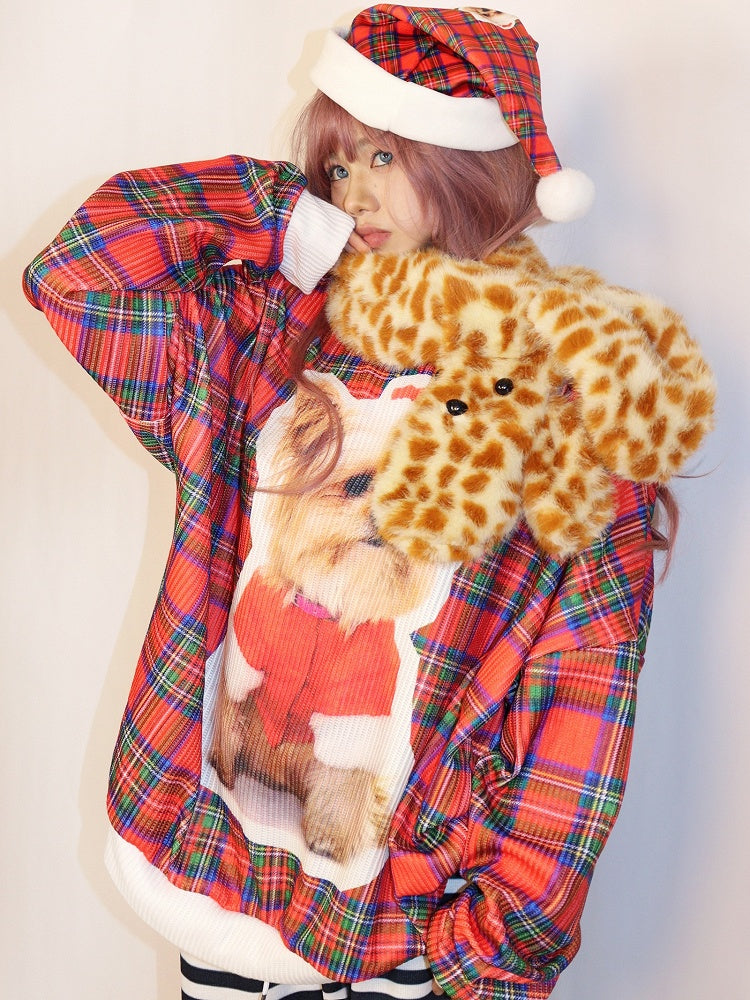 Weihnachtskariertes Sweatshirt mit Welpen-Print Rot