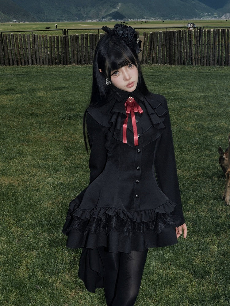High-Low Ruffled Lolita Dress with Red Bow Tie, Long Sleeve Black for Autumn - muggle studio
