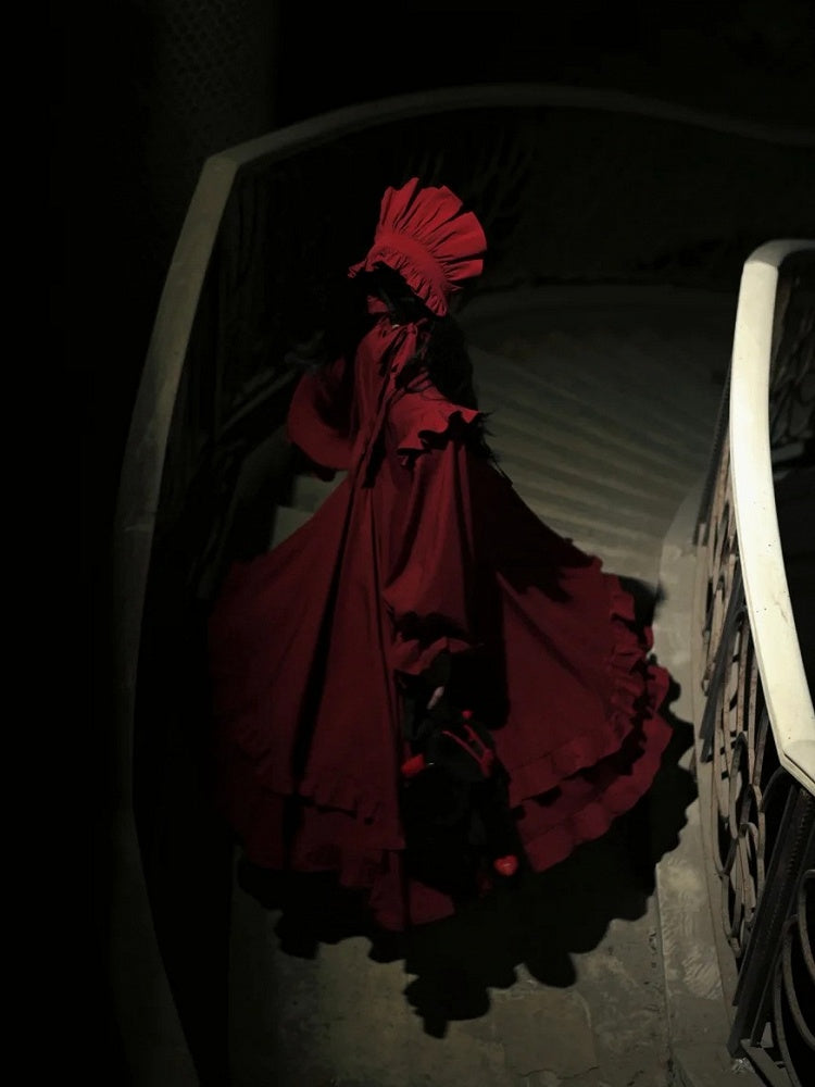 Red Gothic High Neck Ruffled Lolita Dress with Detachable Sleeves - Blossom Herald