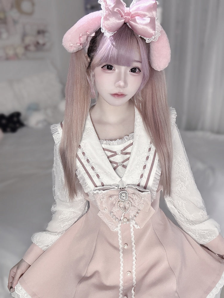 Sailor Pink Long Dress and Shorts Matching - Navycore Collar Kei Jirai Outfit Sleeves