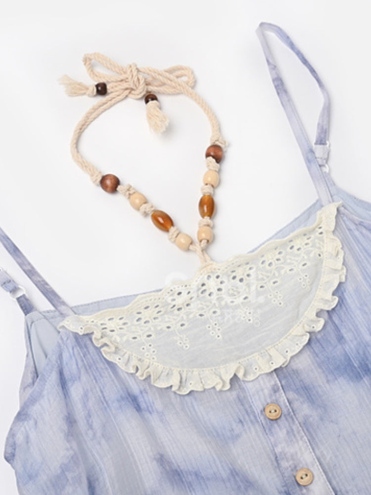 Halter Neck Tie Patches Blue Chiffon Dress Slip Beaded Loose Dye Lace Chain