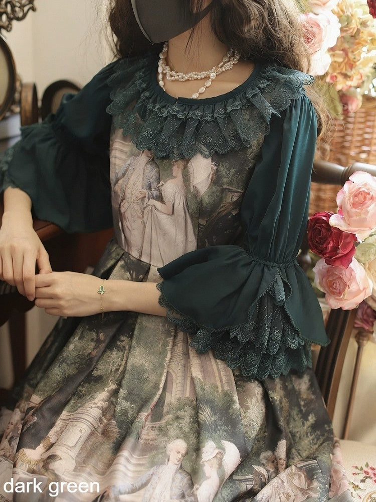 Round Collar Trumpet Sleeve Blouse with Lace - Tiny Garden