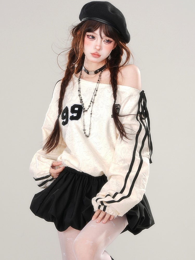 アプリコットアシンメトリーネックラインバブルスカートパッチワークドレス