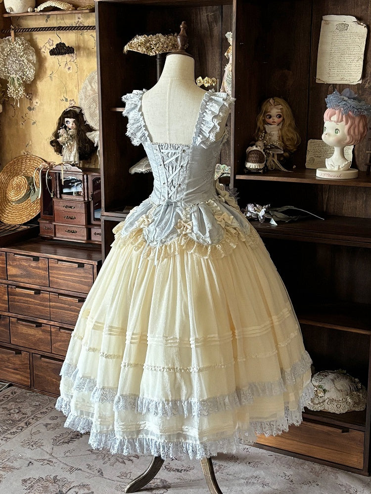 Classic Long Corset Blue Boned Lolita Beige Top Skirt Elegant + Jacquard Set