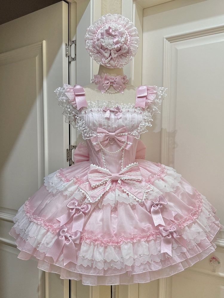 アクセントプリンセスディテールボウドレスロリータとビーズピンクスイート
