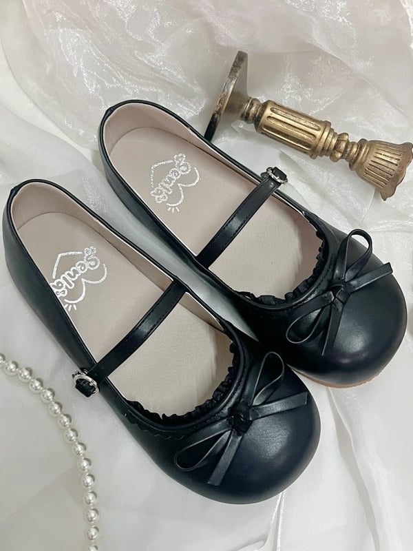 Knotted with Flat Black Trim Sweet Bow at Top Lolita Matte Lace Shoes Round Toe