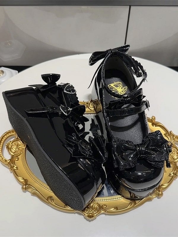 Round-Toe Platform Shoes PU Details with Black Sweet Snap Heart-Shaped Lolita Bowknot