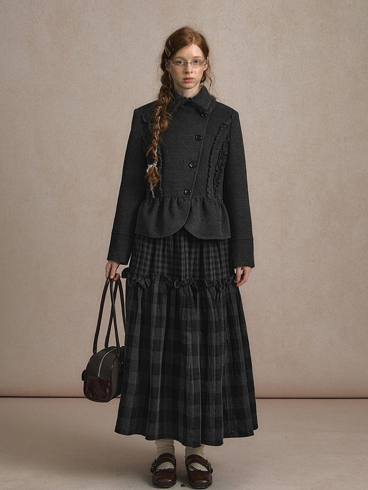 Grey with Details Maxi Vintage Skirt Ruffle Plaid