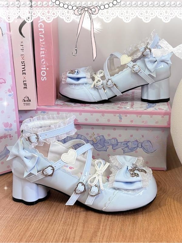 Blue Lolita with Design Bow Mid Sweet Janes Closure Mary - Embellishments in Heart Leather Heel PU