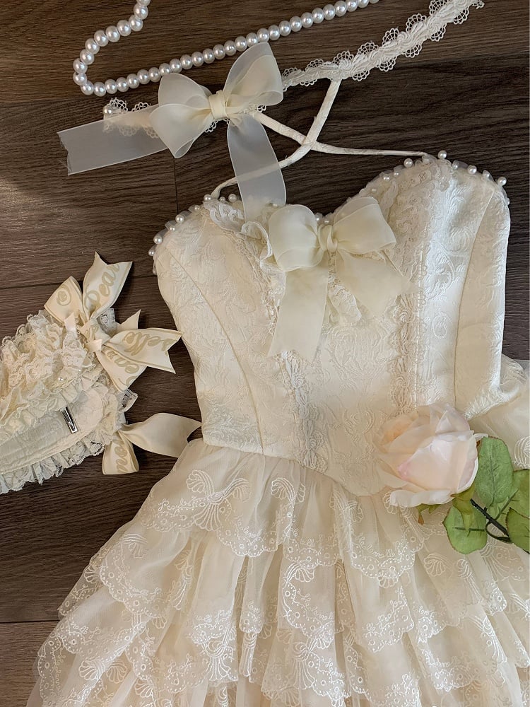 Cremiges Lolita-Kleid mit Jakobsmuschel-Rockbesatz, bestickt, Prinzessinnenkleid, gestuft