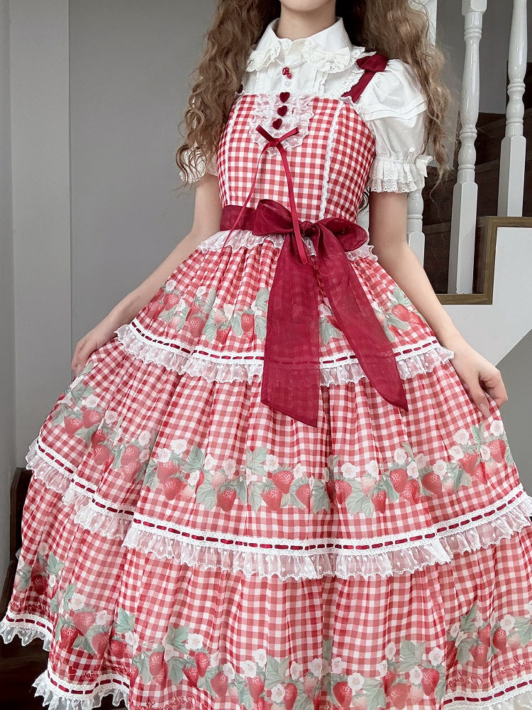 Strawberry Print Red Lolita Picnic Gingham Dress Sweet Lolita Jumper Skirt