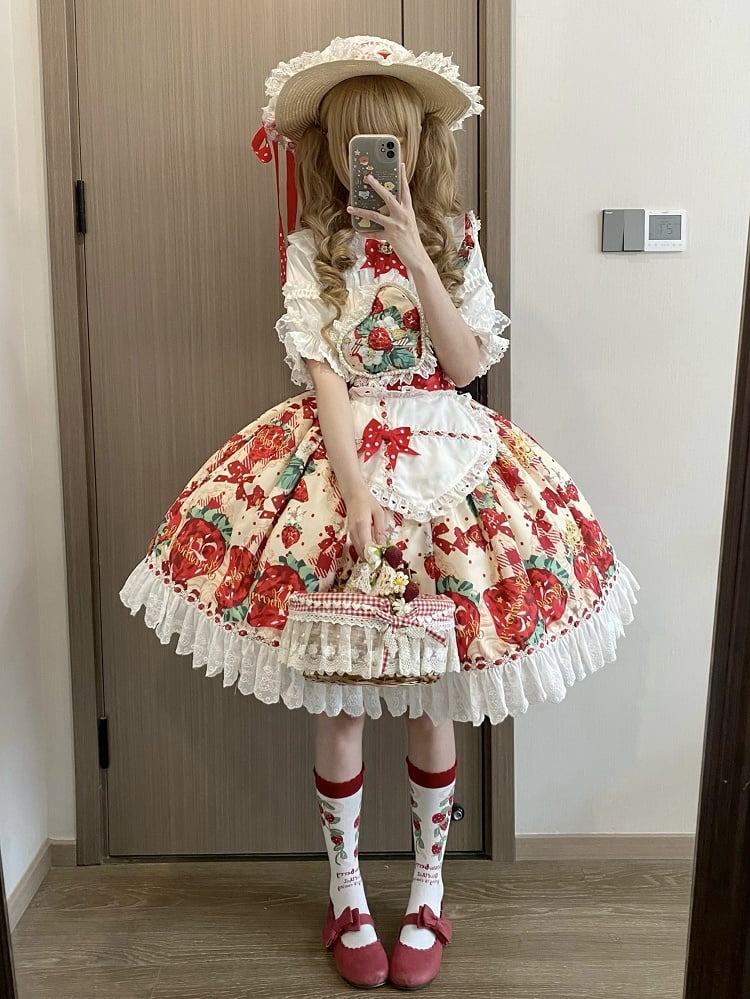 Dress Lolita Overall Heart Apricot Apron One-shoulder with Print Strap Strawberry Sweet