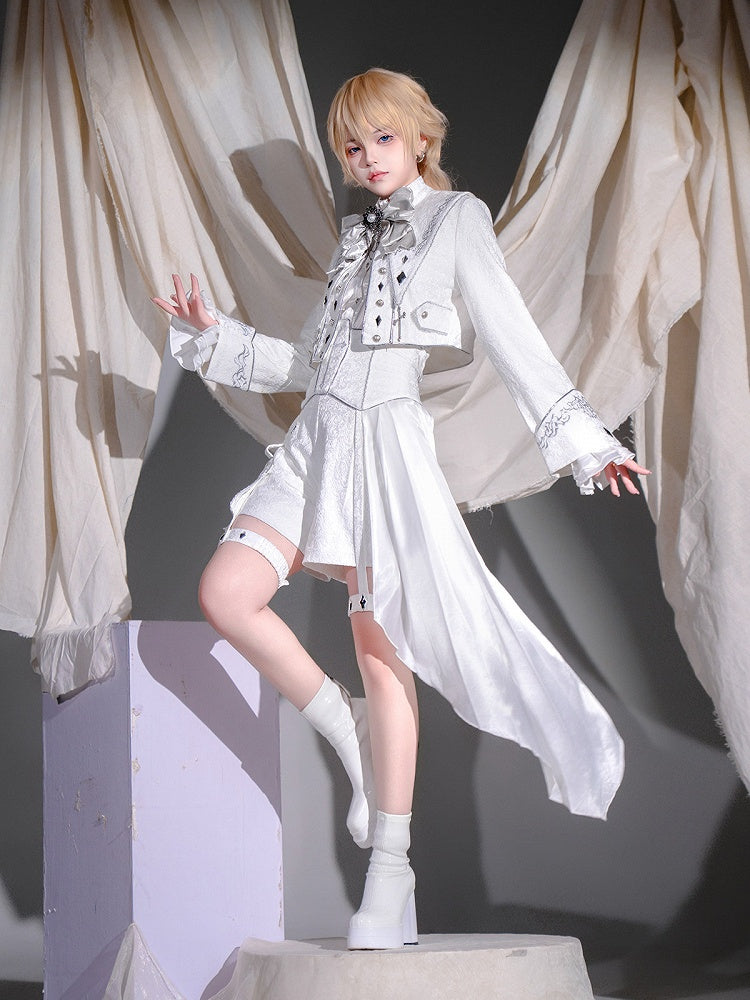 Silver & White Cross Embroidery Asymmetric Jacquard High Waist Shorts with Side Train - Unknown Star