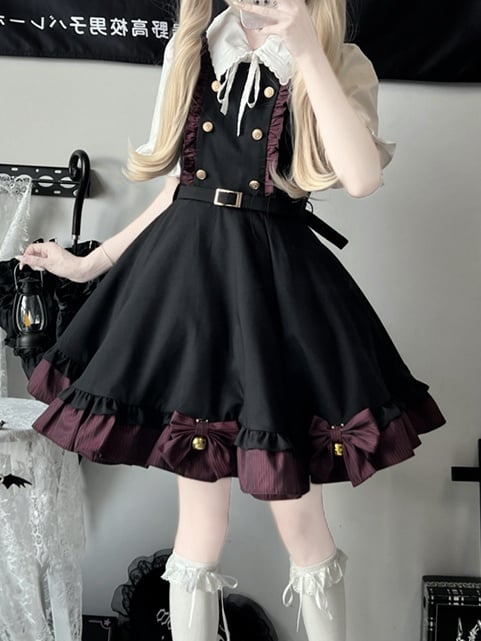 White Short Sleeves Blouse Dark Red&Black Bowknot Bell Striped Dress Set