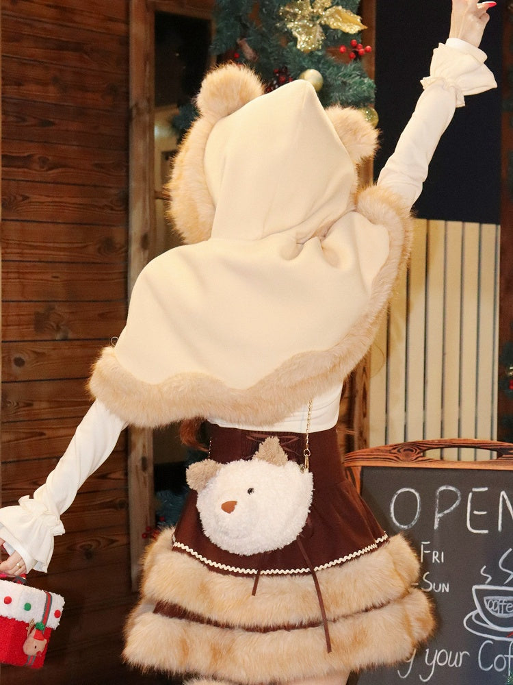 Sweet Fur Lolita Coffee Cape Bear Hooded Faux