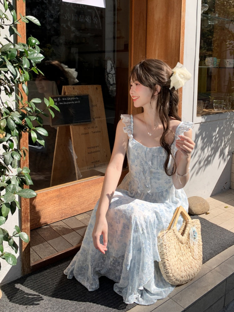 Sleeves Cascading Ruffle Accents Floral Sleeveless Dress Light Blue Flutter
