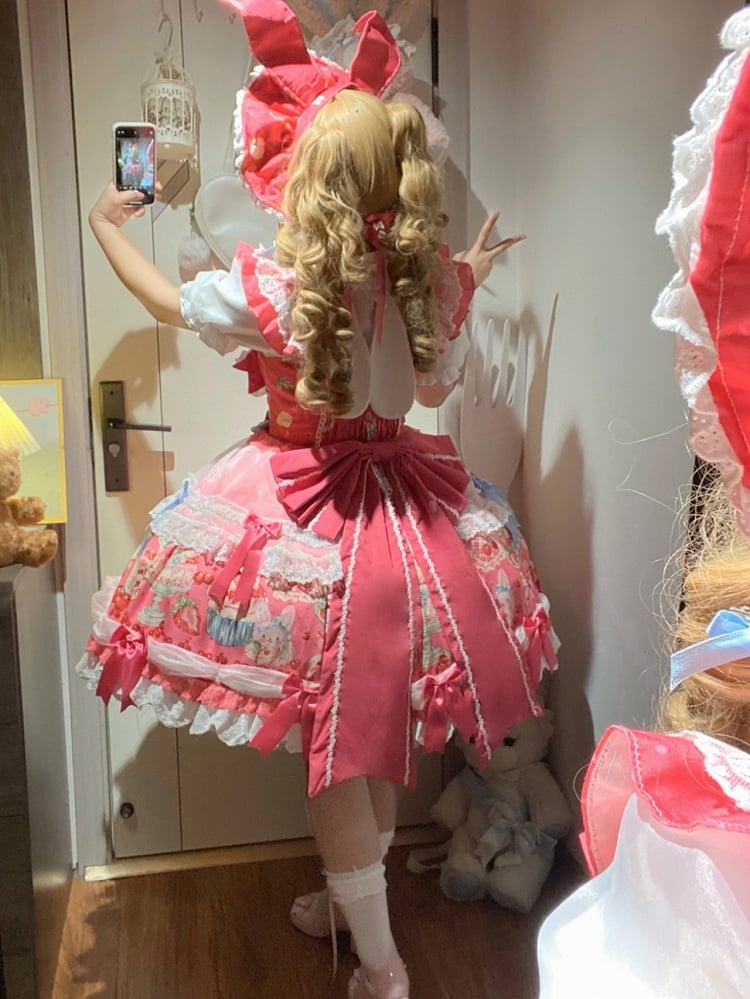 Bunny Bow Rose Sweet Accents Kleid und Print Lolita Erdbeerrosa