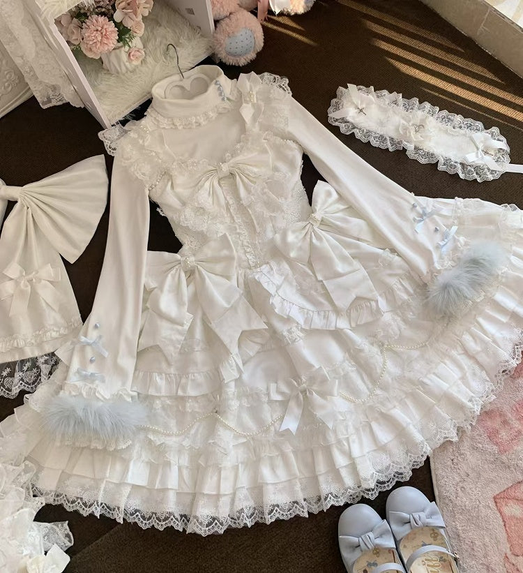 Turtleneck Trim Lace Top White Blue with Fur Accents