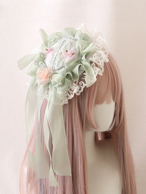 Hat Lolita Fresh Camellias Beads Mini With Pink Sweet Green Bowknots