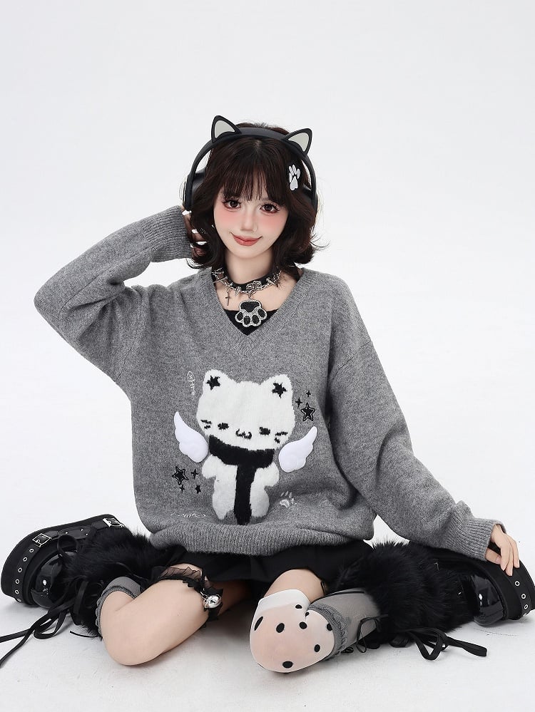 V-Neck Faux Two-Piece Sweater with Scarfed Angel Cat Pattern Blue/Gray