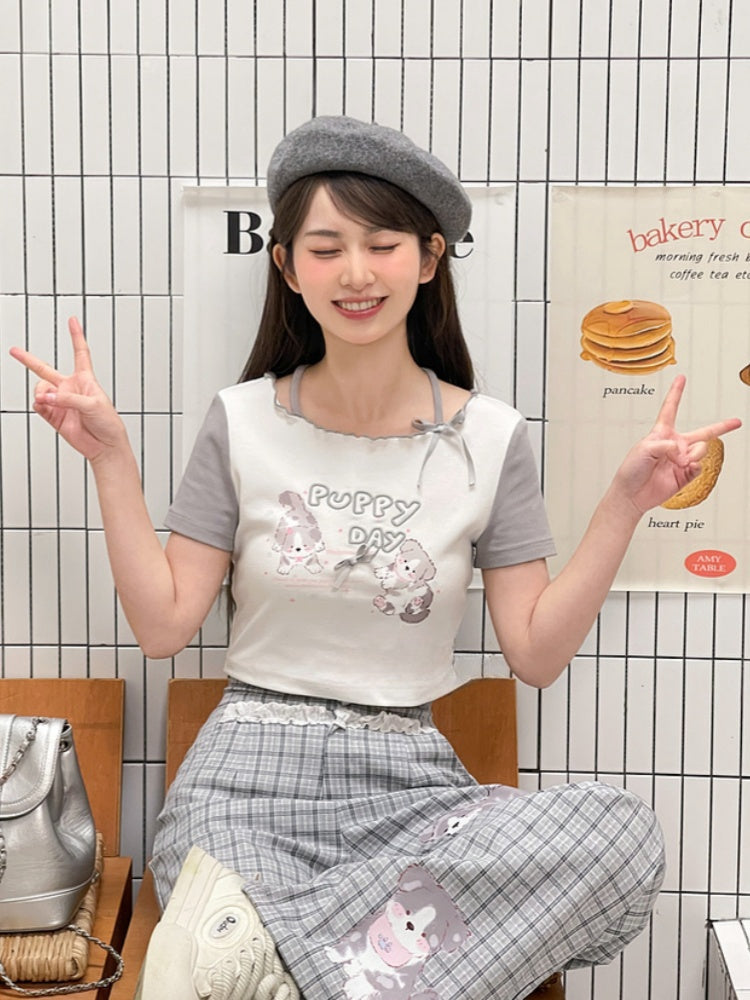 Gray Adorable Puppy Print Bowknot Long/Short Detail Version T-Shirt