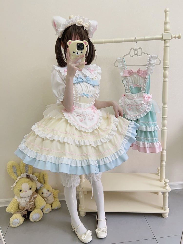 Yellow JSK Ruffle Bow Apron Maid Lolita + Dress Adorable Heart