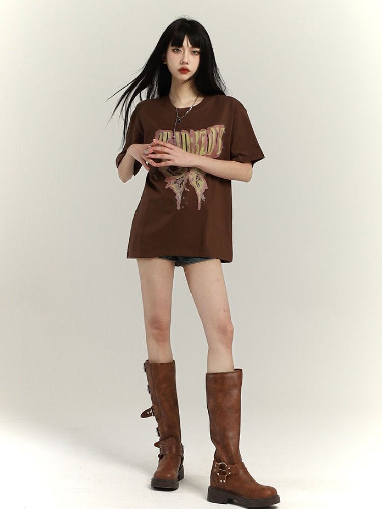 ダークグレー/ブラウン/ブラック/ホワイト バタフライプリント ヴィンテージ ルーズTシャツ