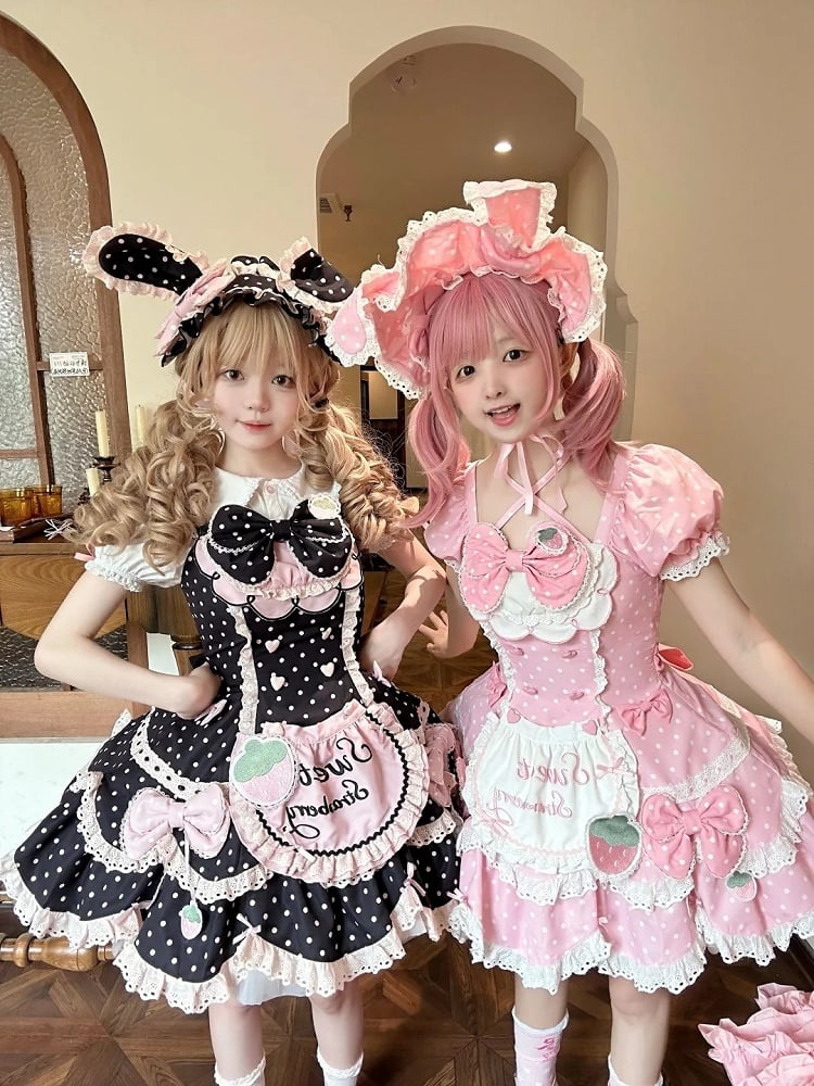 Dot Themed Adorable and Pink Hairband Polka Bonnet JSK Details Set Bow Dress Strawberry + Full Bunny Lace Ear Choker Lolita Black with