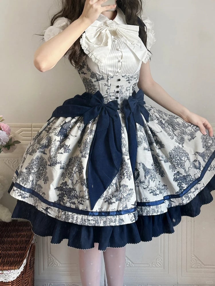 Bust Dark Bowknot Blue Straps Basque Skirt Waist Jumper Lolita Under Shoulder