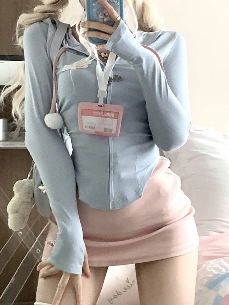 Blue Zip-Up Fitted Hoodie with Furry Pom-Pom Accents