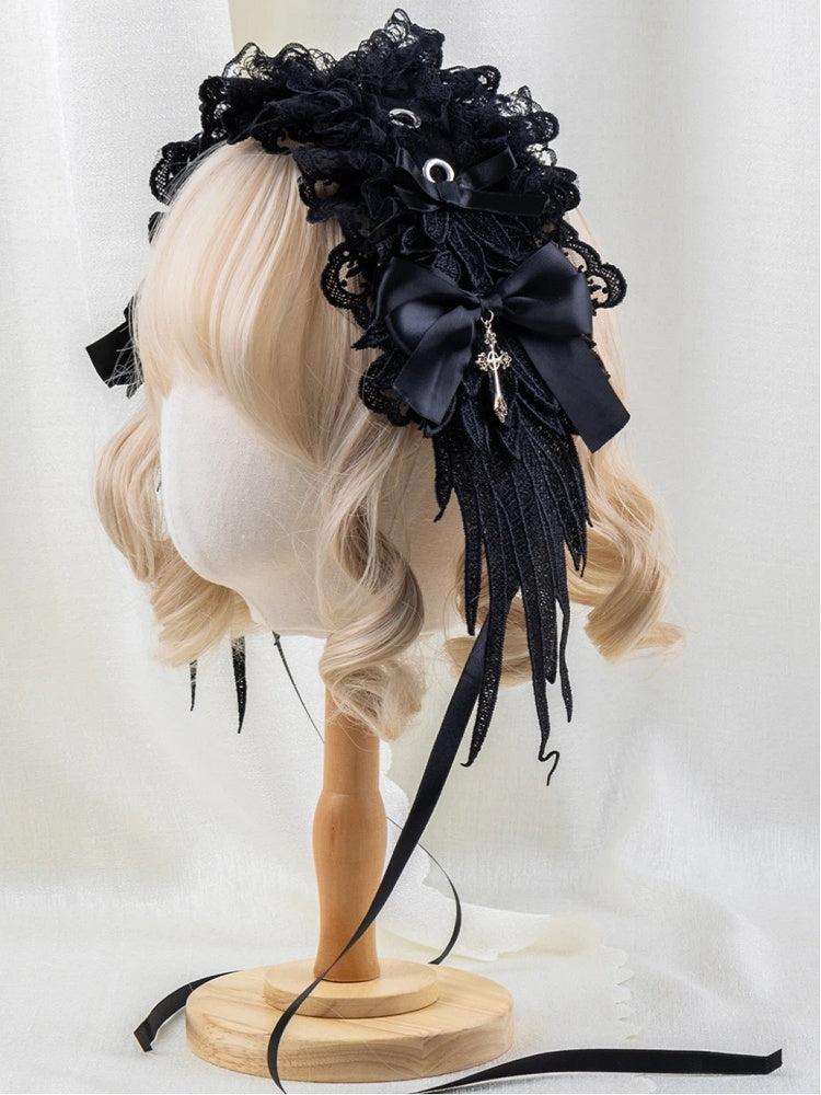 Gothic Black Cross Hairband Bow Wing