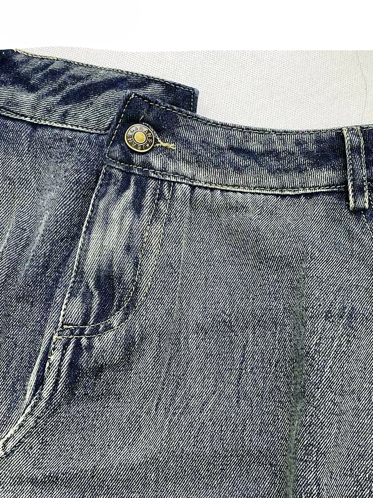 デニム&チェック柄パッチワークアシンメトリーヘムスカート