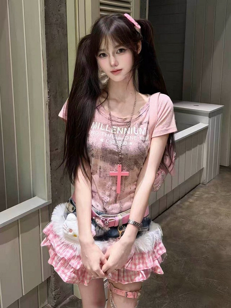 Distressed Pink Crew Neck Short Tee with Letter Print - DETW OnLine