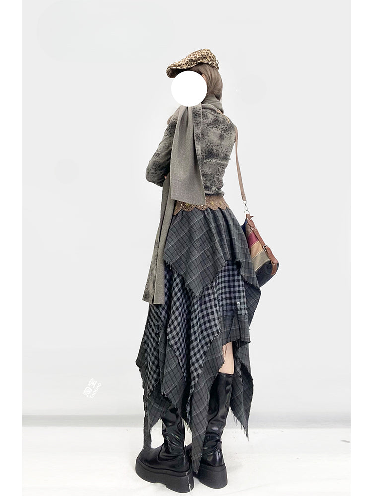 Grey Leopard V-neck Top with Scarf