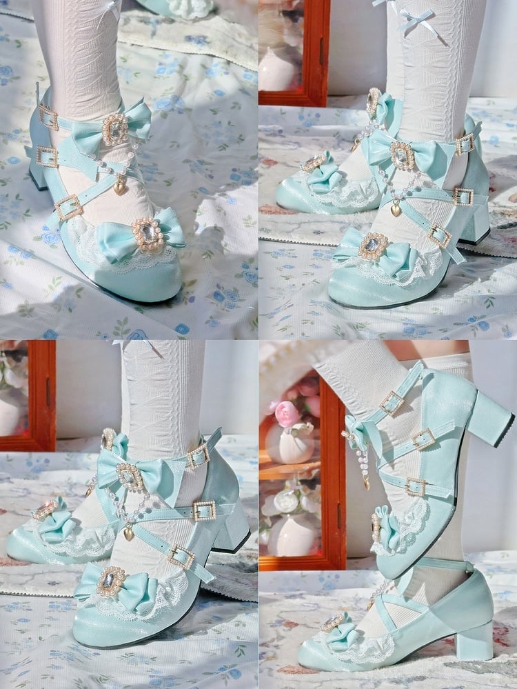 Sophisticated Lolita Lace Mint Mid - Blue Trim Heels