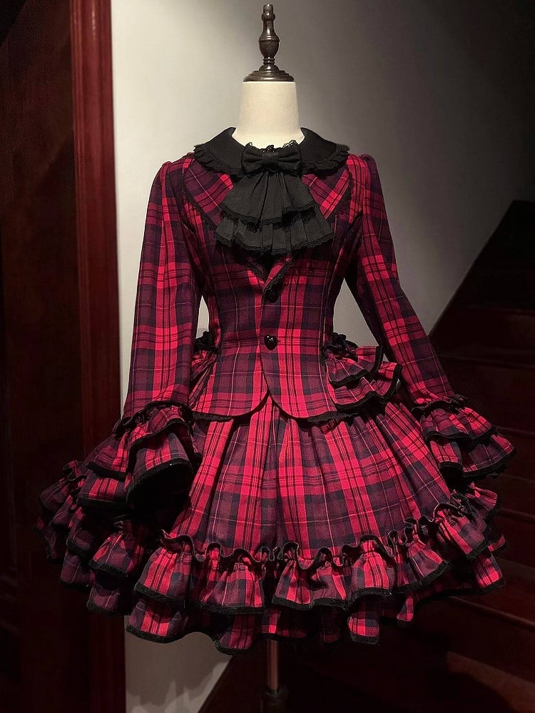 Lapel Skirt Red Blazer School Ruffled Plaid Old - Lolita + Notched Set