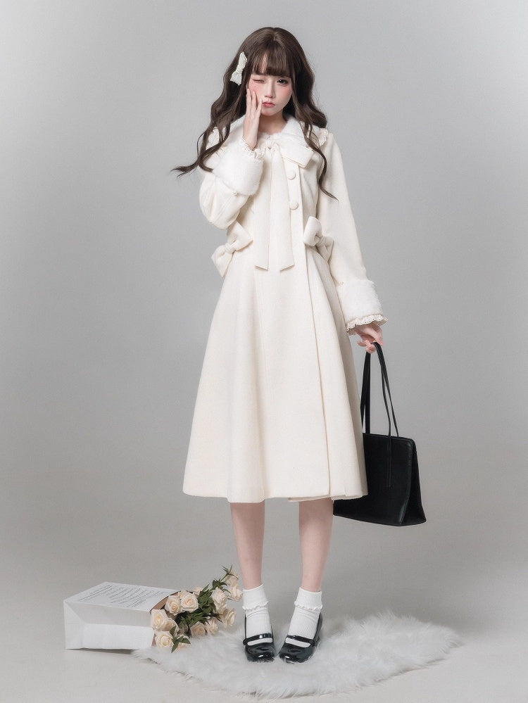 Jirai Wool with Removable Coat Waist Bowknot Kei White Pure-Style Decor