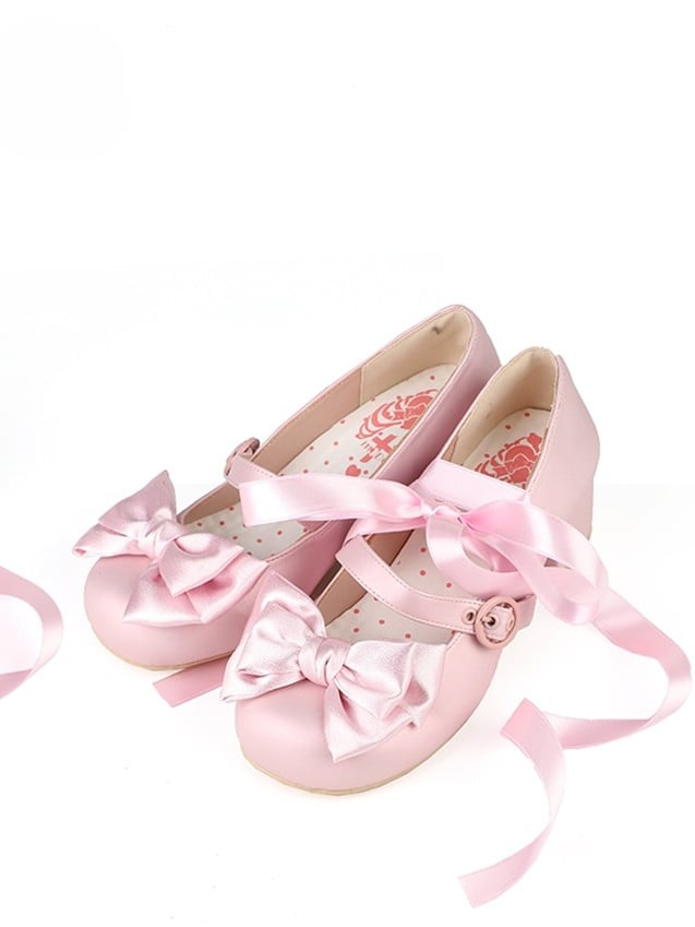 Mary - Lace-up Bow at Toe Pink Janes Top Round PU Ankle