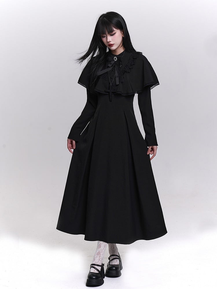 Black Trad Goth Tea Length Dress with Built-In Lace Trimmed Cape