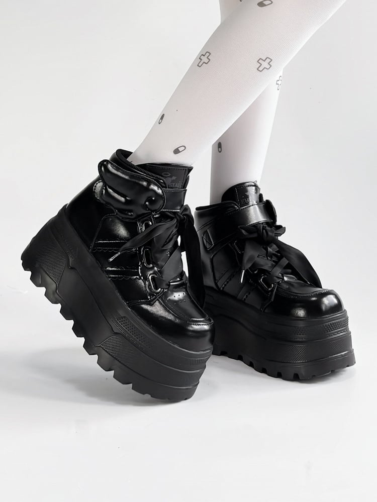 And Lace-up Black Strap Closures Velcro Wings Decor Gothic Detachable - Platforms