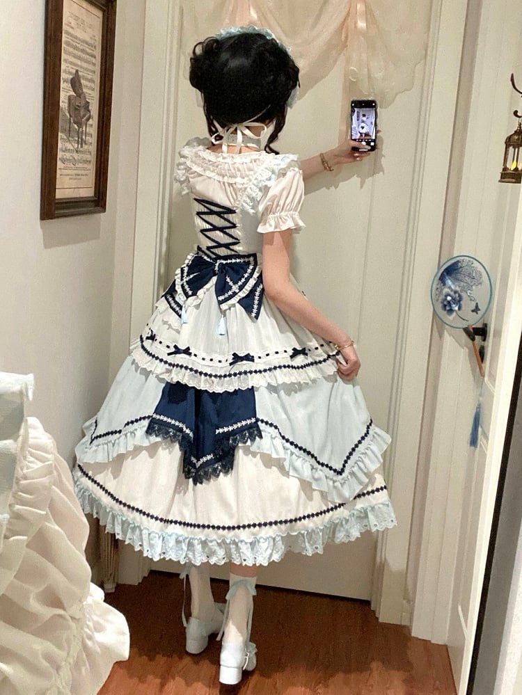 and Floral JSK Dark Lolita Sleeves Dress Embellished Flutter Blue Bow