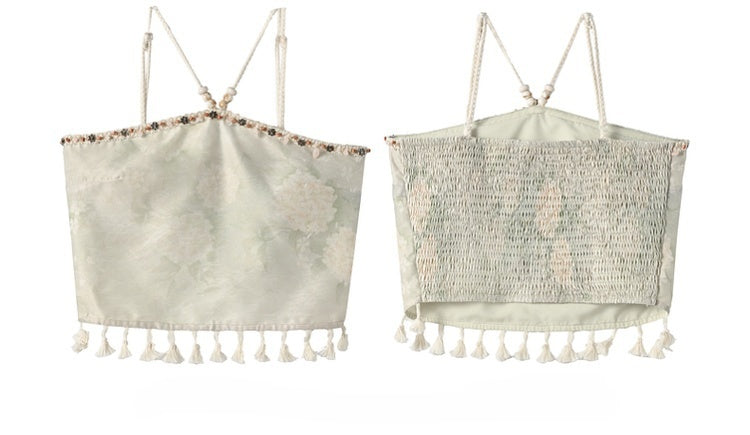 Urlaubstop mit Fransensaum, hellgrün, Neckholder, Blumendruck